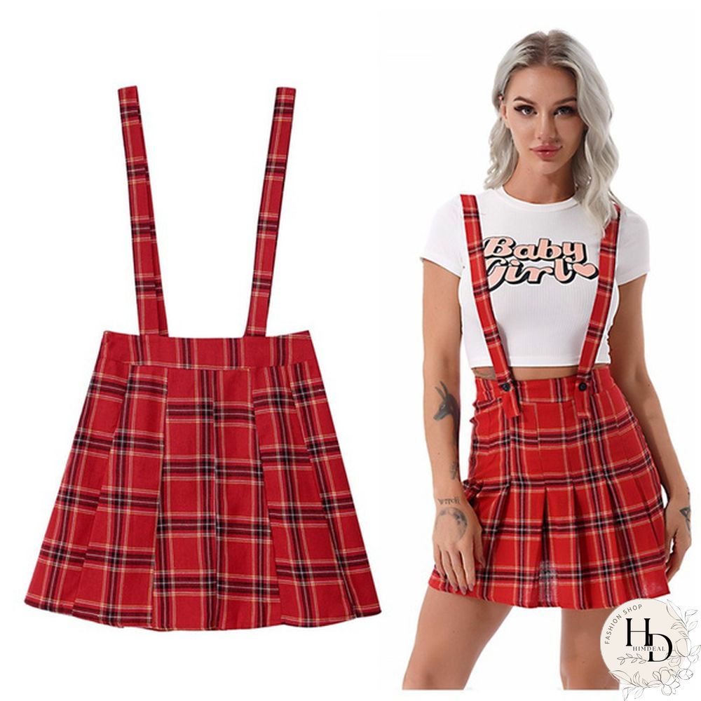 Plaid Pleated Miniskirt Women Summer Sundress Overall Vest Dress Suspender Skirt for Daily Wear Streetwear