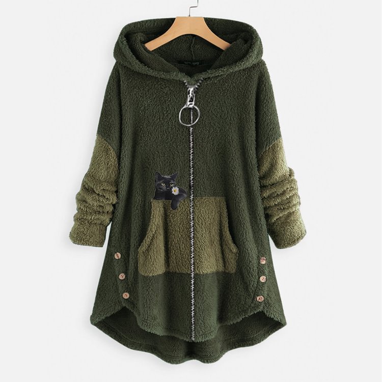 Casual cat sunflower print plush hooded coat