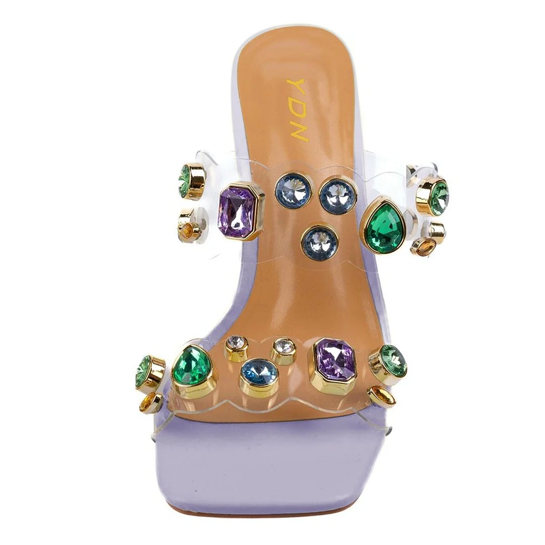 Light Purple Vegan Leather Square Toe Mules with Decorative Heels