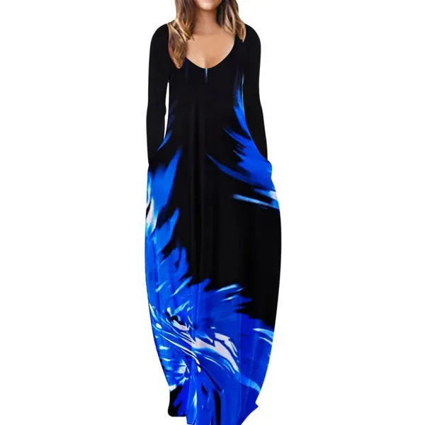 Womens Loose Pocket Boho Vintage Hole Dress Full Long Sleeper Spring Party Beach Maxi Big