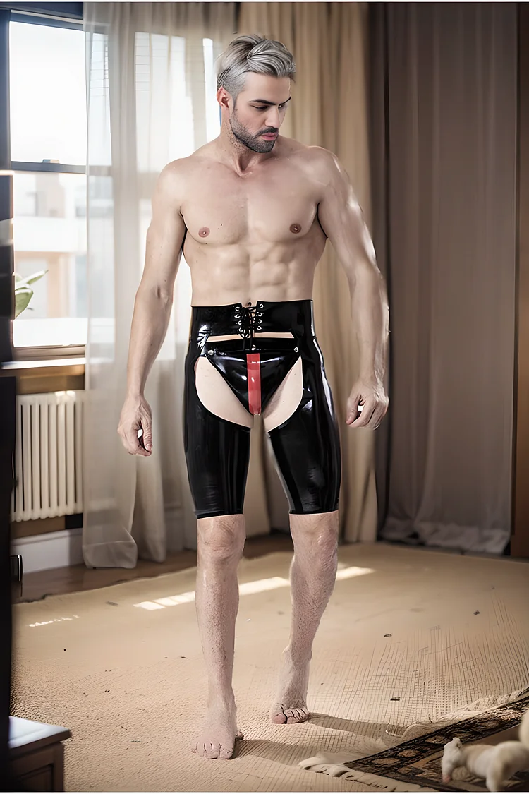 Men's Black Latex Shorts Male Laced Short Latex Chaps Eight Decorative Studs Chaps