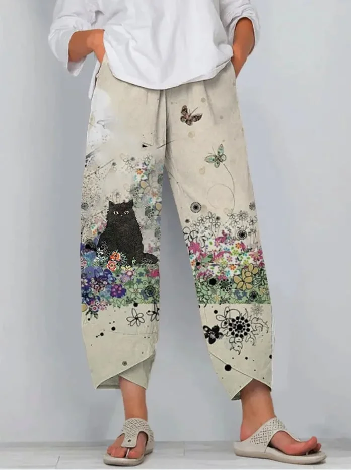 Women's Vintage Cat Print Casual Pants