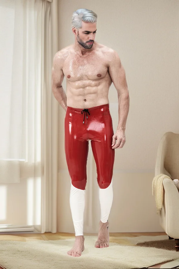 Men Latex Leggings Male 'Tri-Way' Latex Meggings Red and White Two-tone eye-catching Skinny Pants (KG31856)