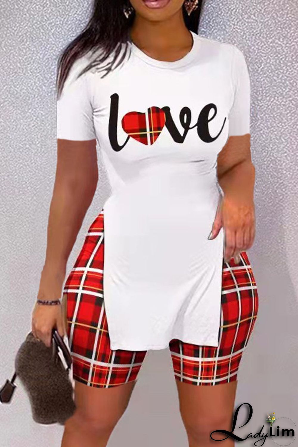 White Casual Print Patchwork Slit O Neck Short Sleeve Two Pieces