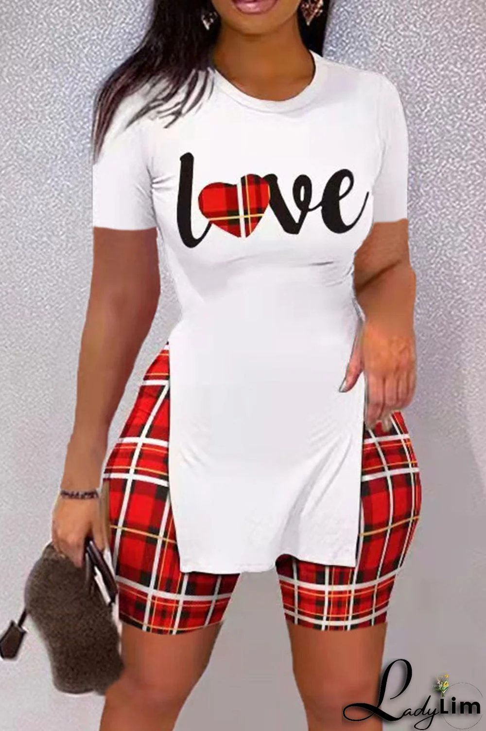 White Casual Print Patchwork Slit O Neck Short Sleeve Two Pieces