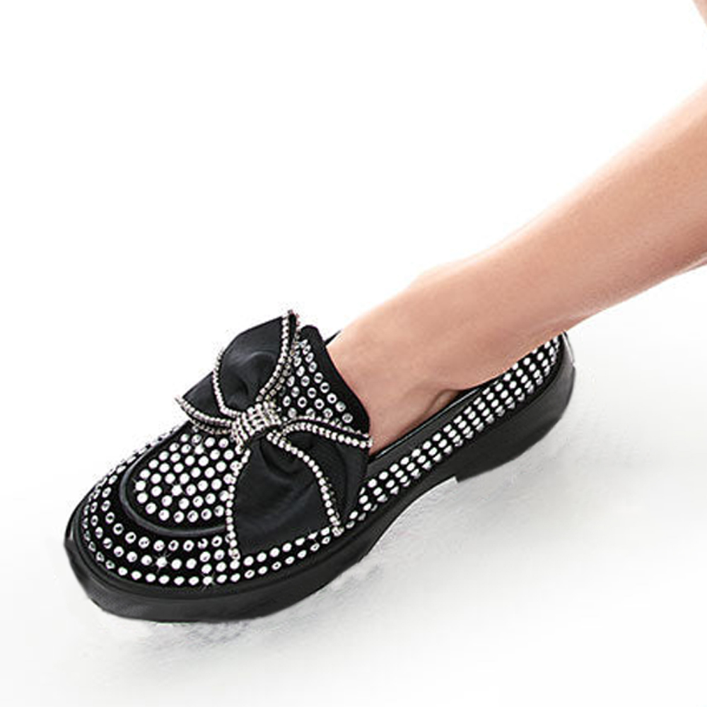 Black Leather Round Toe Low Chunky Heel Loafers with Rhinetone Nicepairs