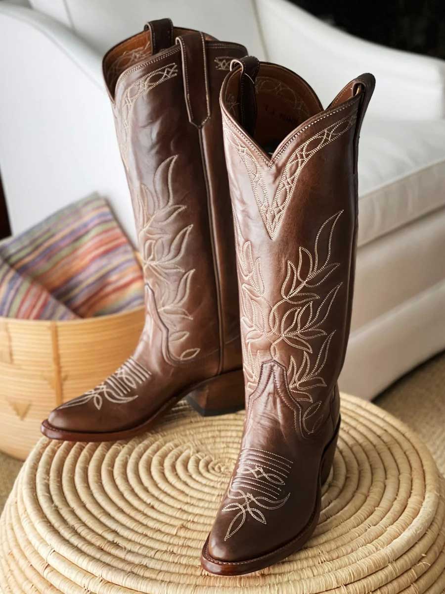 Brown Vegan Leather Embroidered Wide Calf Knee High Women's Boots With Chunky Heels