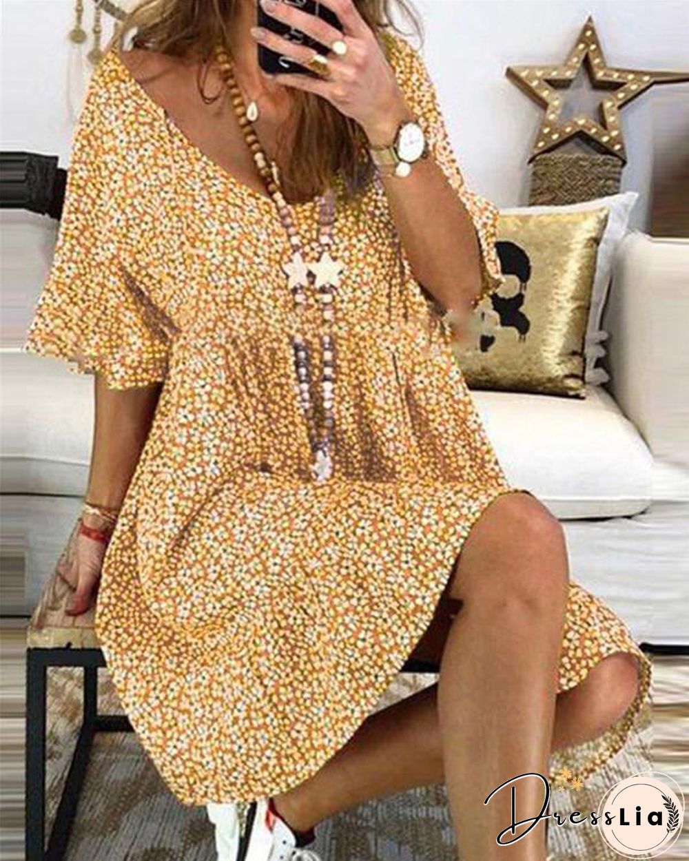 Casual Floral Printed Crew Neck Short Sleeve Plus Size Dress