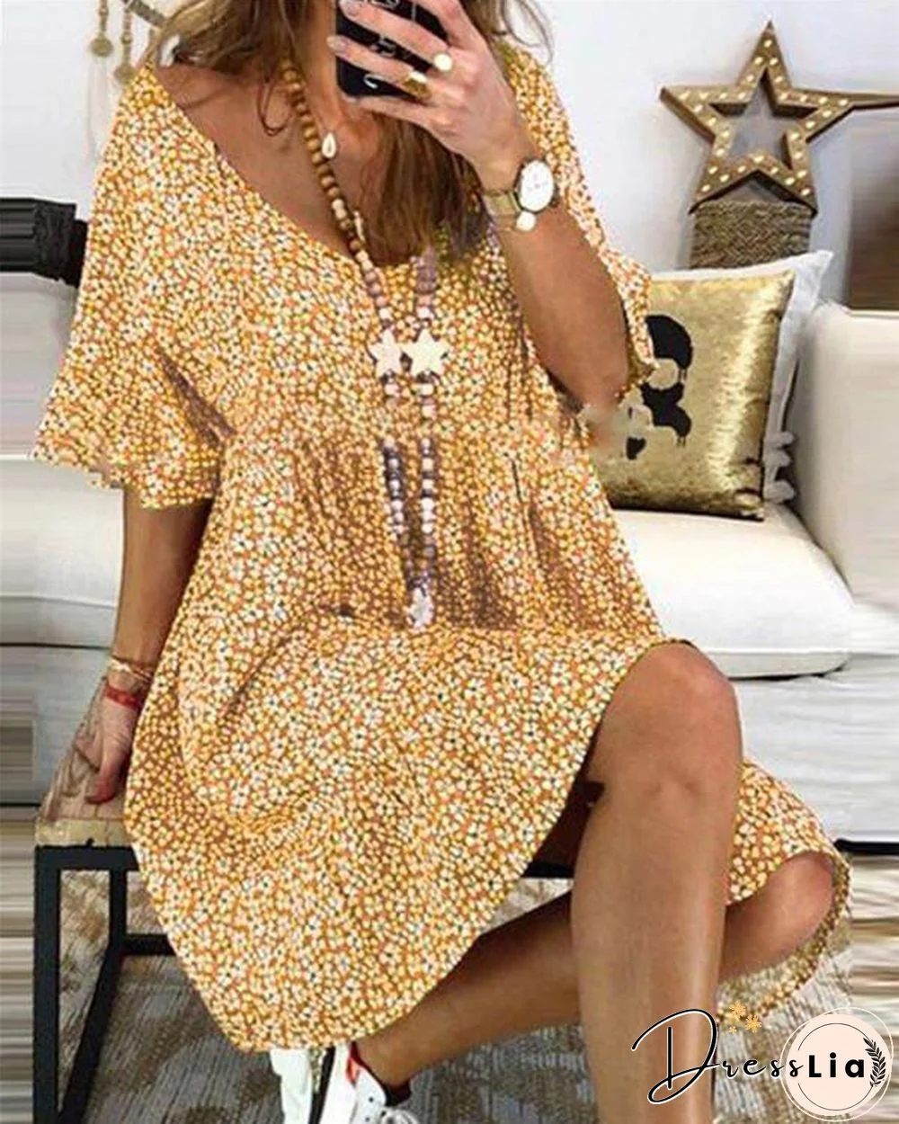 Casual Floral Printed Crew Neck Short Sleeve Plus Size Dress