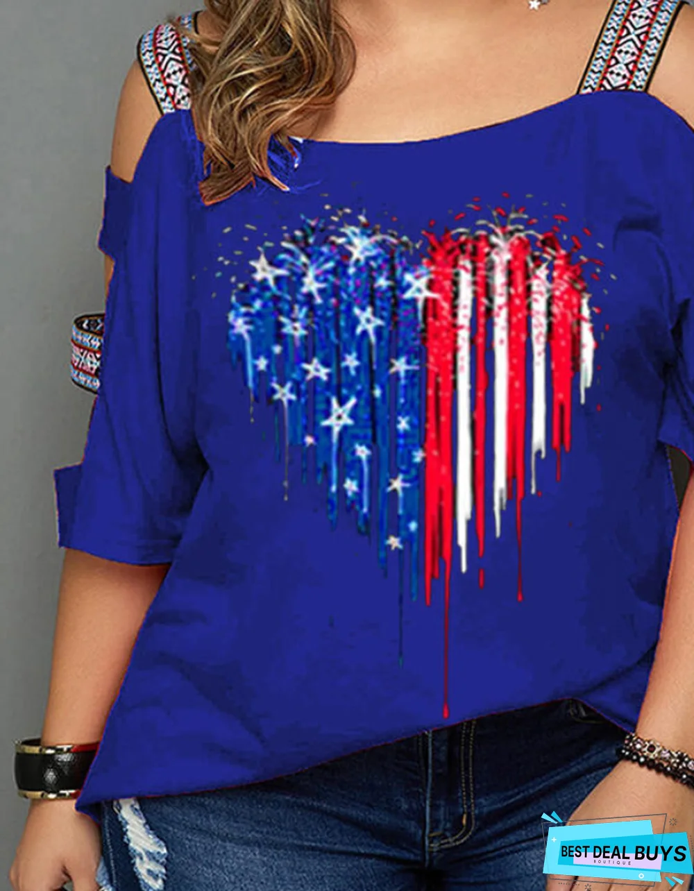 Print Cold Shoulder 3/4 Sleeves Casual Plus Size Blouses