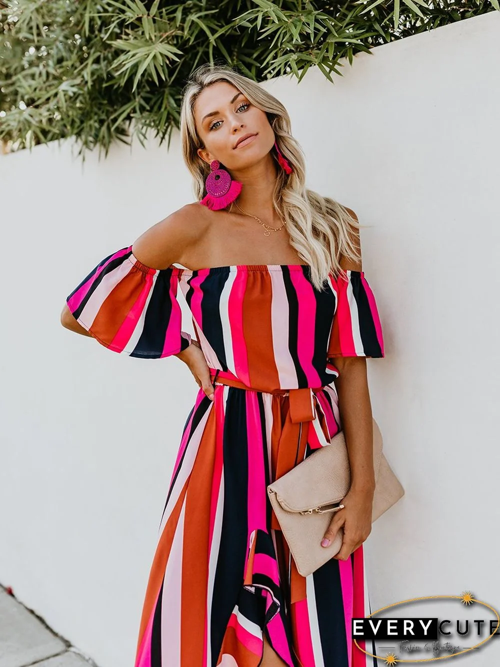 Vacation Off Shoulder Striped Belt Maxi Dress