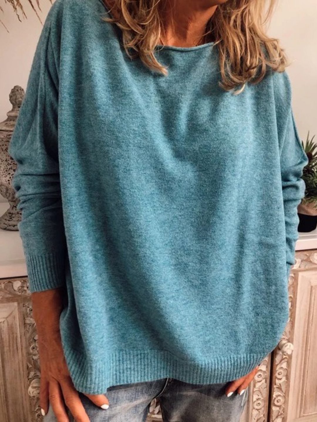 Blue Long Sleeve Cotton Plus Size Sweater | EGEMISS