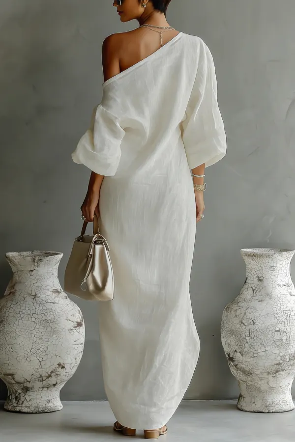 Linen Blend Loose-fitting Slanted Neck Lantern Sleeve Casual Maxi Dress