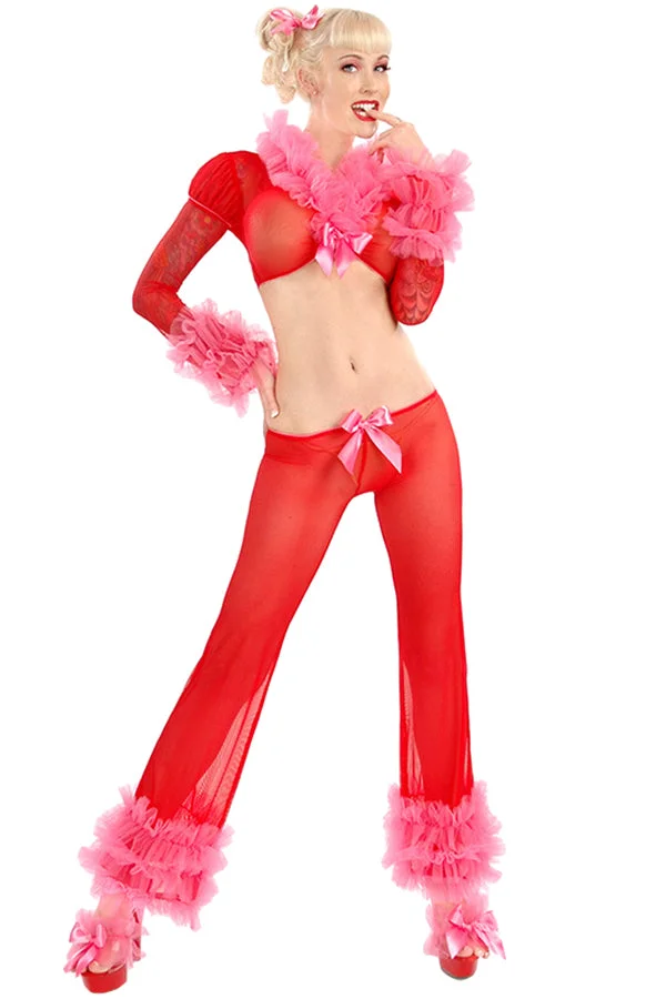 Womens Sexy Adult Sheer Ruffle Long Christmas Lingerie Red-elleschic