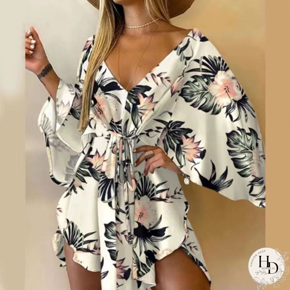 New Summer Beach Elegant Women Dresses Sexy V Neck Lace-up Floral Print Mini Dress Casual Flared Sleeves Ladies Party Dress
