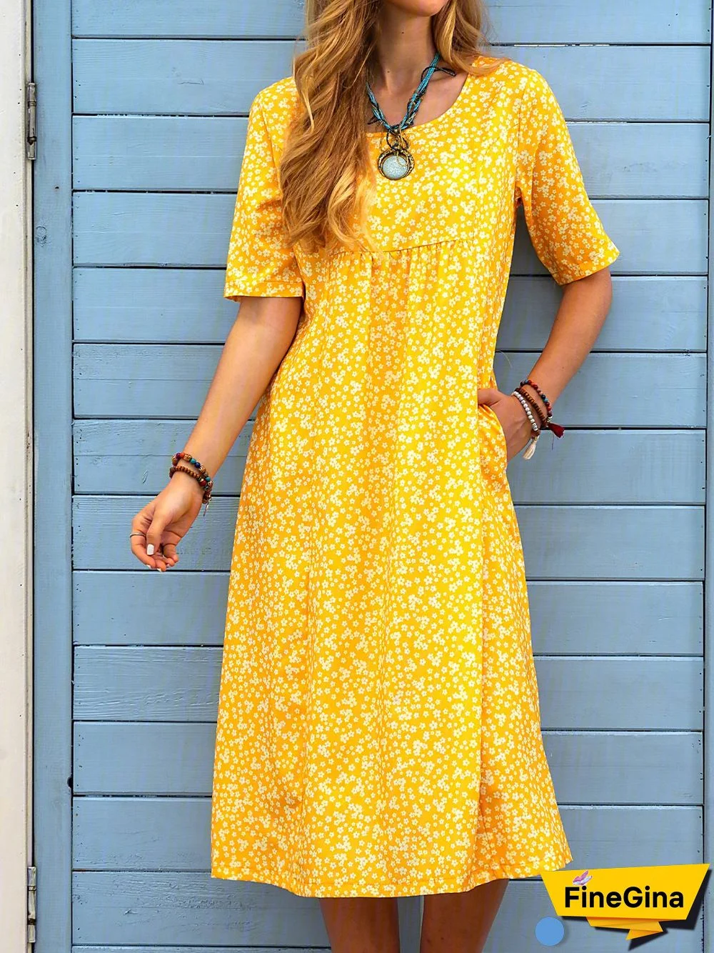 Women Casual Flora-Print Short Sleeve Casual Dresses