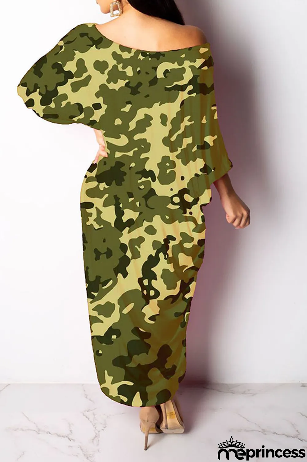 Green Casual One Shoulder Long Sleeves Step Skirt Ankle-Length camouflage Dresses
