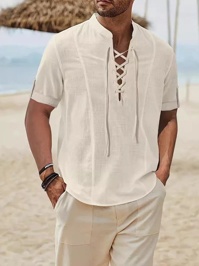 Men's Casual Loose Cotton And Linen Solid Color Lace-Up Short-Sleeved Shirt 