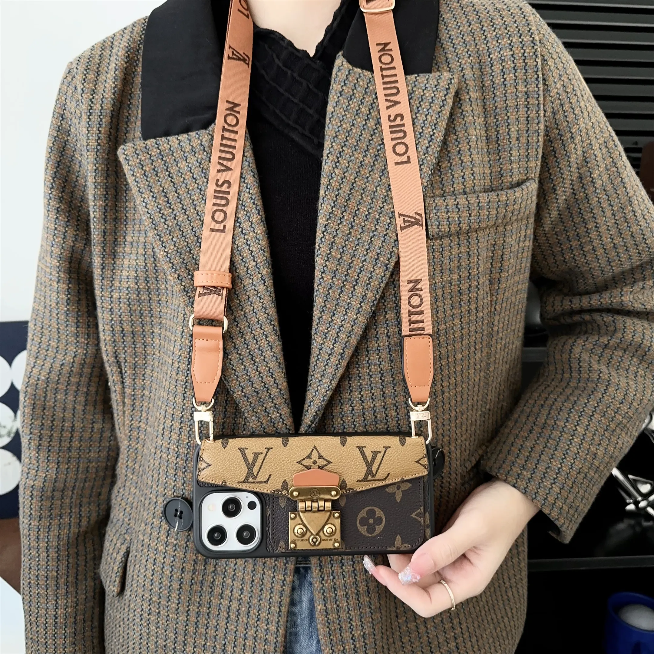 LV Dauphine Monogram Canvas Crossbody Postman Apple iPhone Wallet Case