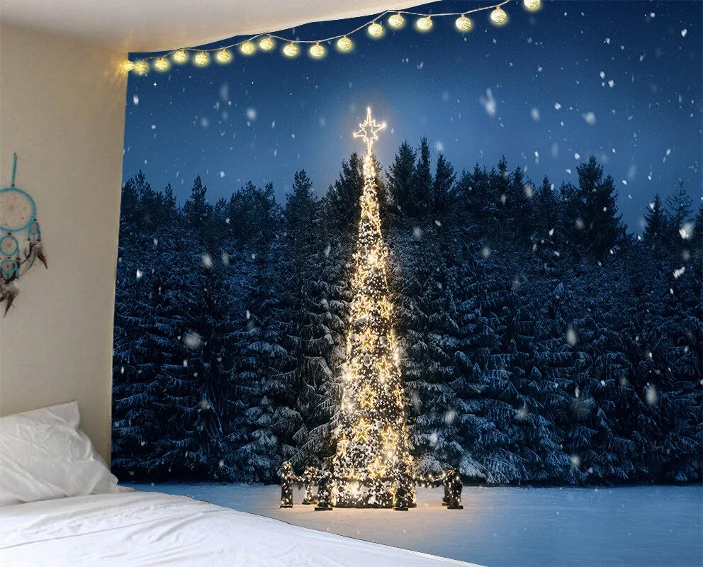 Christmas Green Tree Tapestry Home Wall Hanging Cloth Festival Elk Background Cloth Xmas Home Decoration Bedspread Wall Carpet