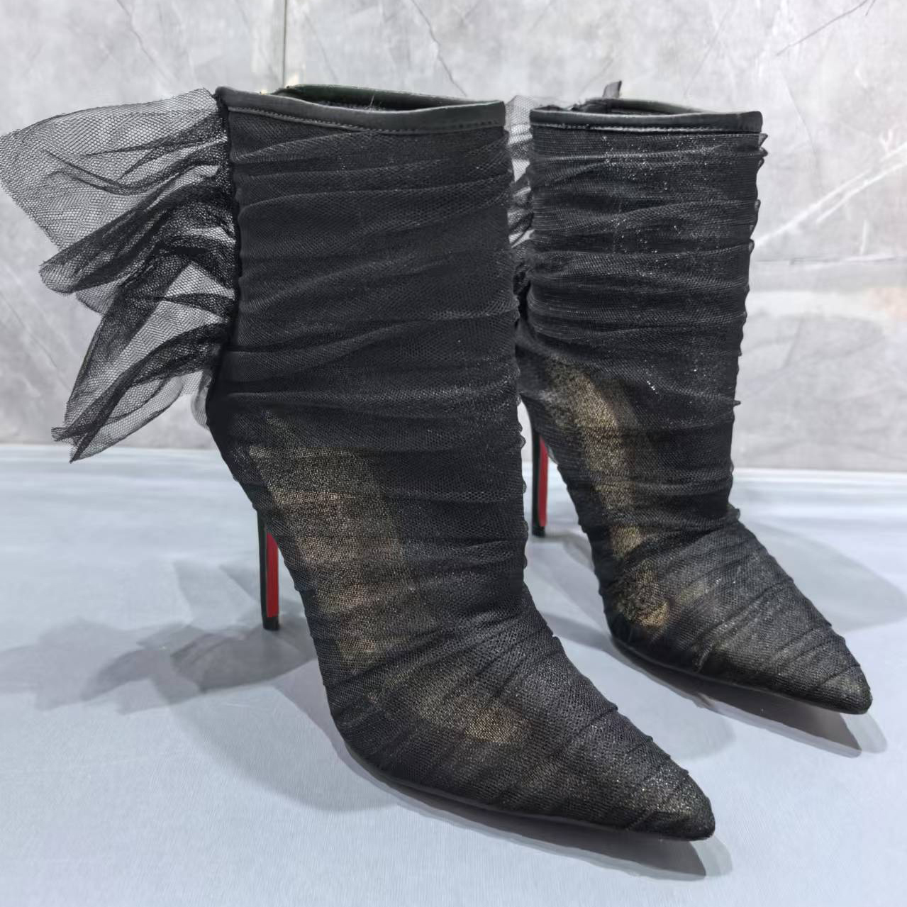 100mm Women's Black Breathable Mesh Boots Red Bottom Ankle Boots-MERUMOTE