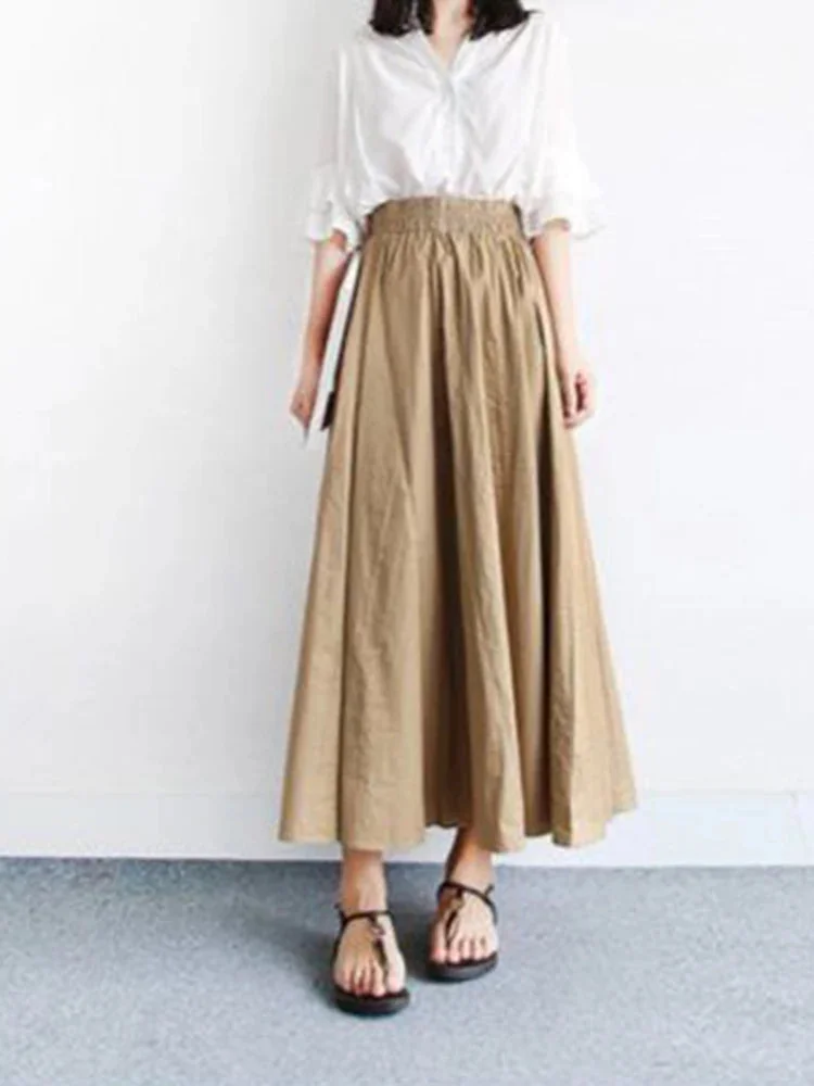 Oocharger Preppy Style Women Midi Skirts Elegant Japanese Harajuku A Line Student Skirts Elastic High Waist Summer Female Skirts