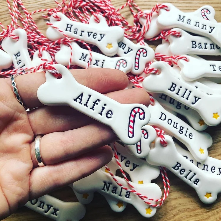 Dog Bone Personalised Pet Name Christmas Decorations With Hanging Rope
