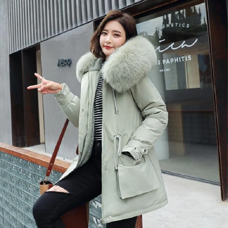 Ladies Velvet Liner Thicken Hooded Parka Women Slim With Big Fur Collar Outerwear Autumn Winter Jacket Women Coat Parkas Female