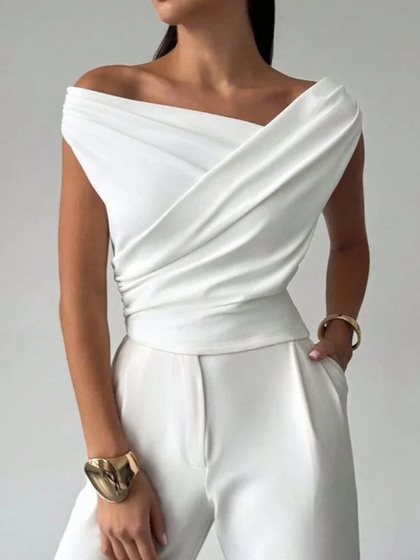 Split-Joint Solid Color Pleated Asymmetric Skinny Short Sleeves Asymmetric Neckline T-Shirts Tops