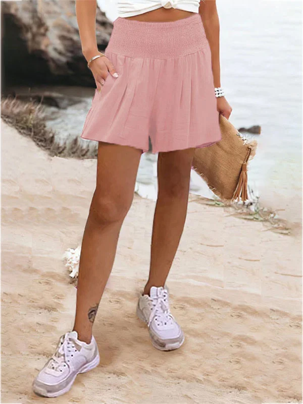 Elasticity Pleated Pockets Solid Color Split-Joint High Waisted Loose Shorts Bottoms