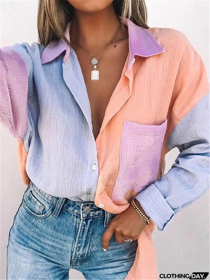 Women Lapel Buttons Long Sleeve Blouses With Pocket