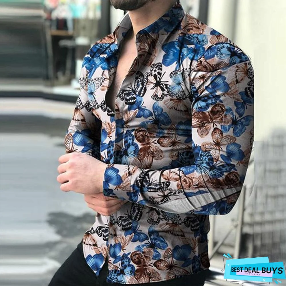 Men's Stylish Butterfly Printed Casual Slim Fit Long Sleeve Shirts