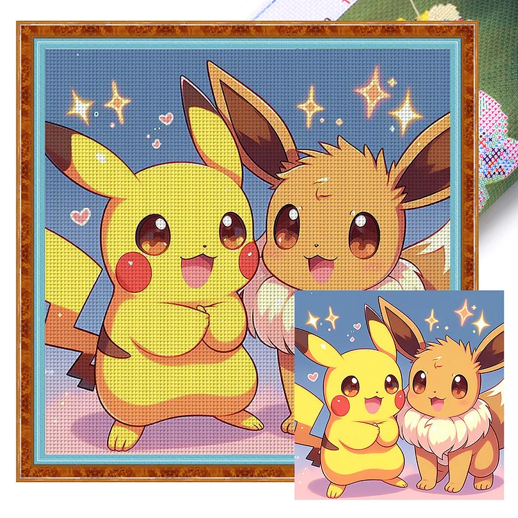 【Huacan Brand】Pokémon Pikachu And Eevee 11CT Stamped Cross Stitch 50*50CM