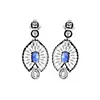 18K White Gold 7*5mm Oval Royal Blue Lab Sapphire and Lab Diamond Victorian Peacock Plume Chandelier Earrings