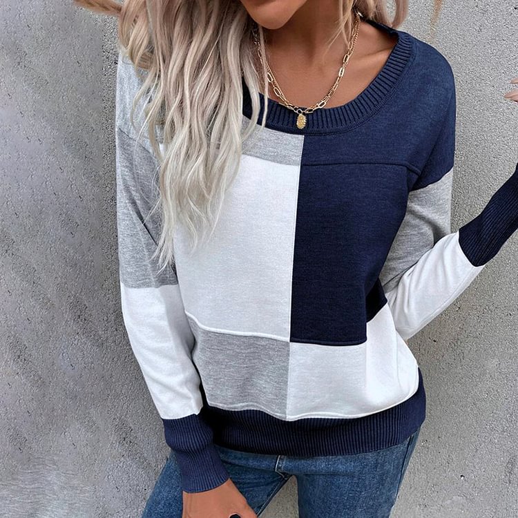 Comstylish Fashion Contrast Color Crew Neck Paneled Sweater