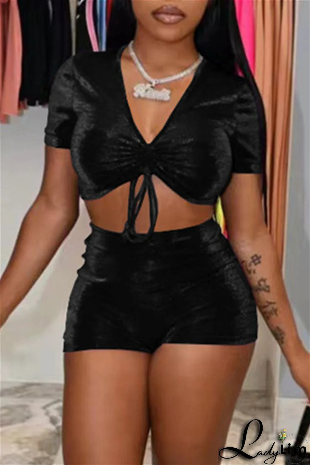 Purple Fashion Casual Solid Draw String Frenulum V Neck Short Sleeve Two Pieces