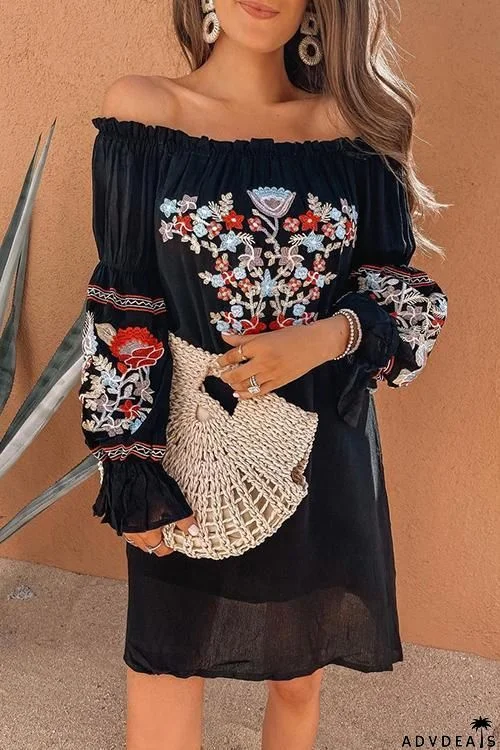 Embroidery Off Shoulder Puff Sleeve Mini Dress
