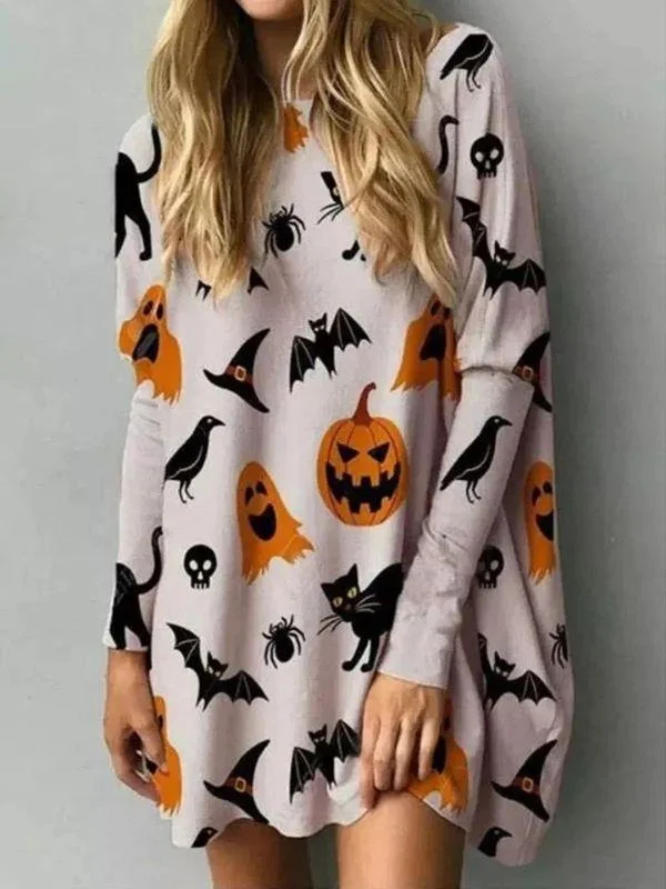 Casual Halloween Printed Pumpkin Bat Animal Knitted Daily Round Neck Tops