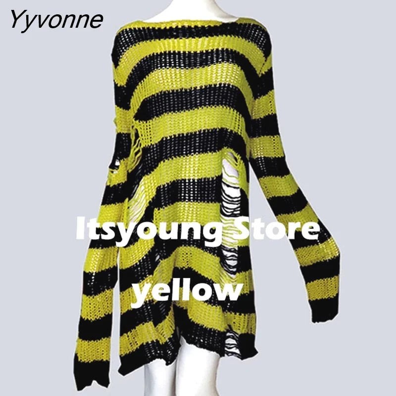 Yyvonne Size Punk Gothic Long Unisex Sweater Dress Cool Hollow Out Hole Broken Jumper Loose Rock Thin Sweter 2023 Women Man Striped 305-0