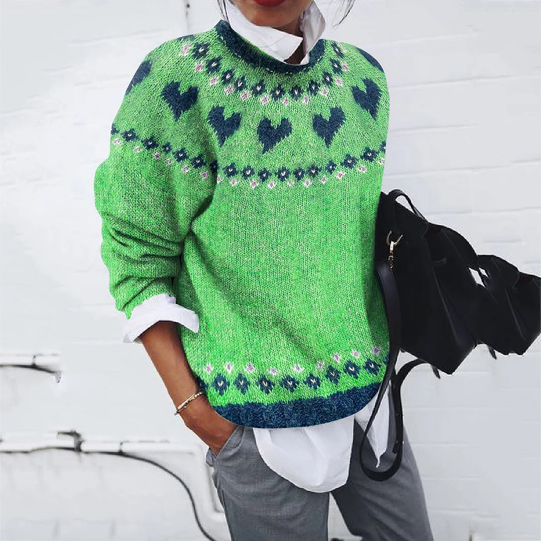 Retro Love Diamond Print Crew Neck Sweater