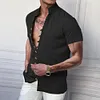 Camicia da uomo a maniche corte in cotone e lino con collo alto e bottoni