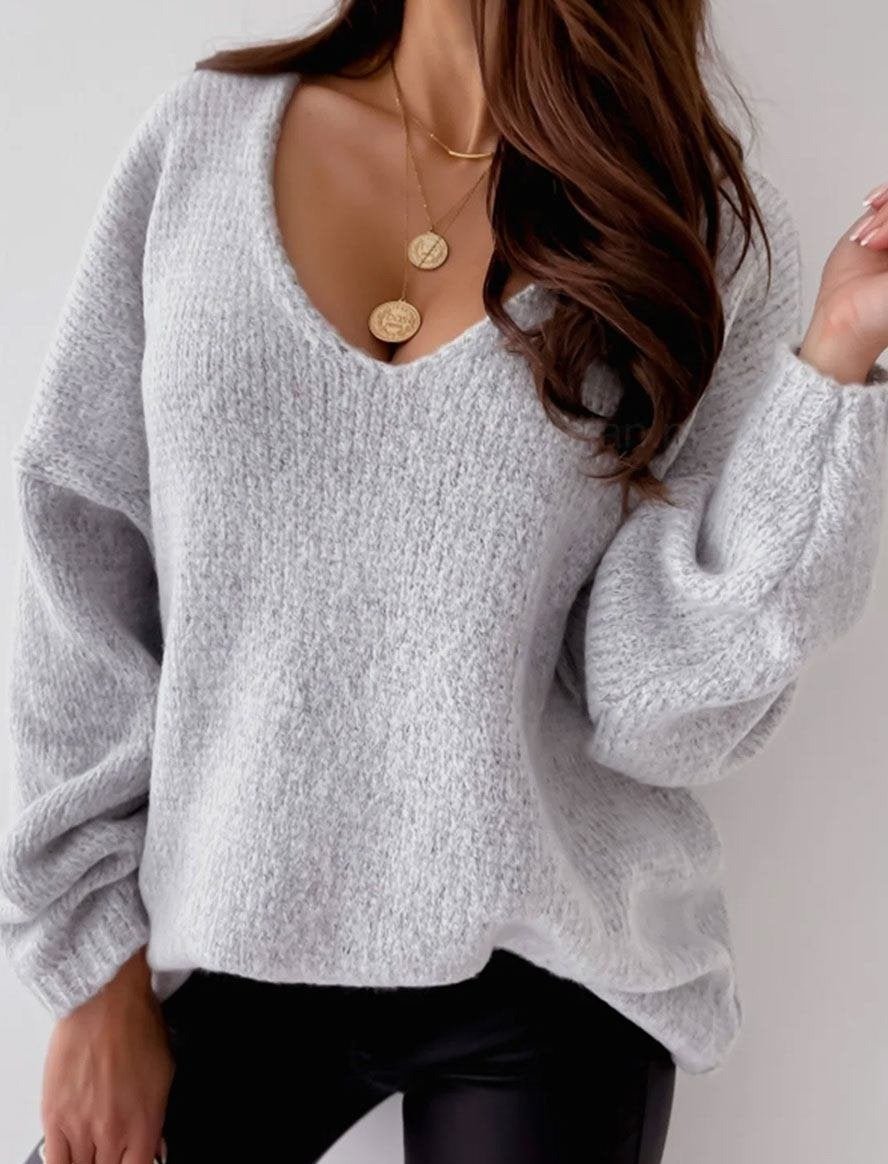 V-Neck Solid Color Casual Loose Sweater Pullover