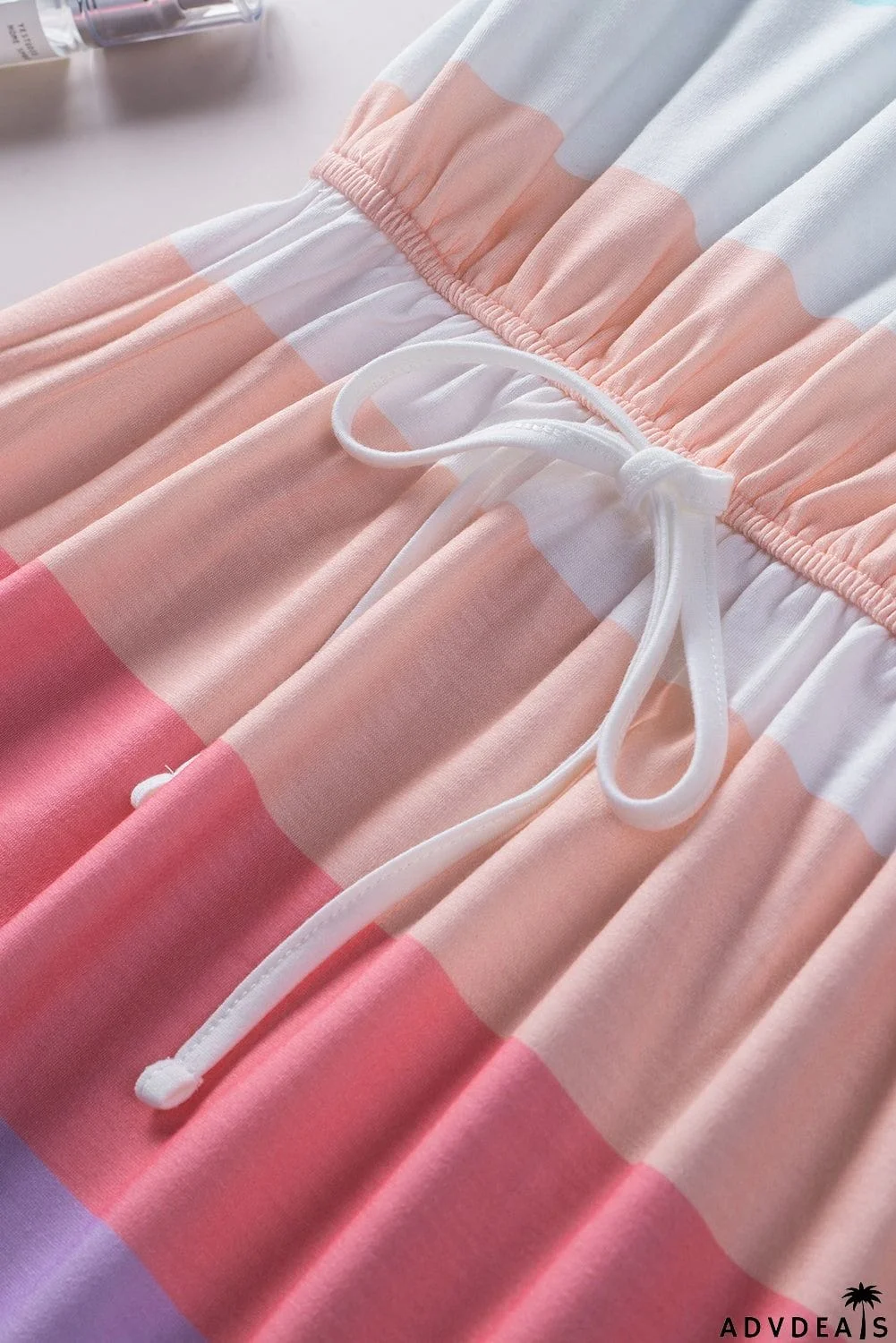 Multicolor Striped Drawstring V Neck T Shirt Dress