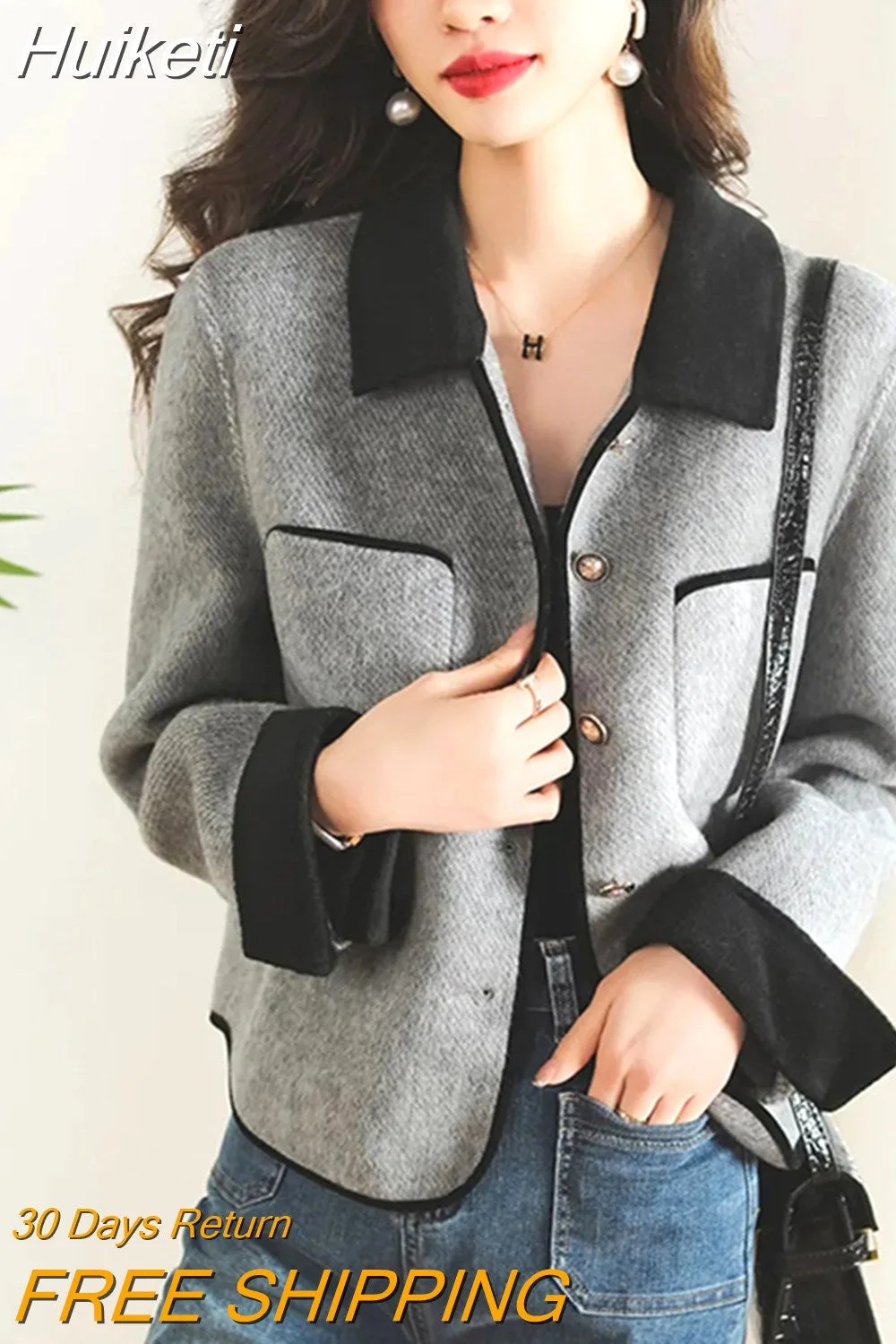 Huiketi Elegant Office Lady Grey Tweed Jacket Korean Fashion Buttons Casual Coat Fall Long Sleeve Turn Down Collar Simple Outwear