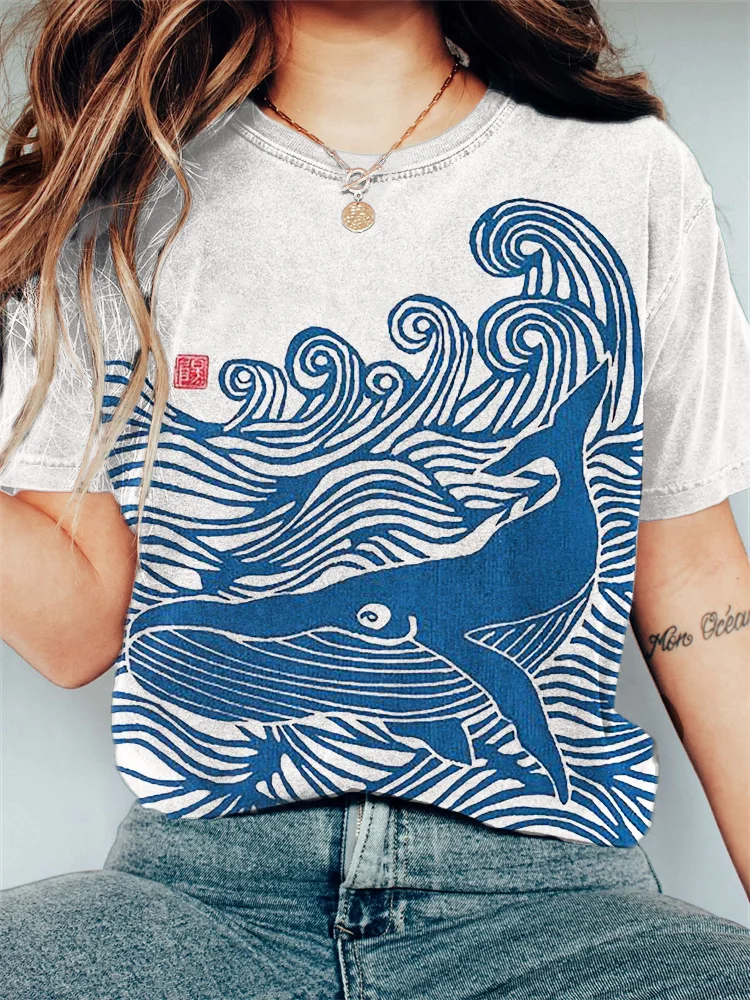 Whale & Waves Ancient Japanese Art Vintage T Shirt