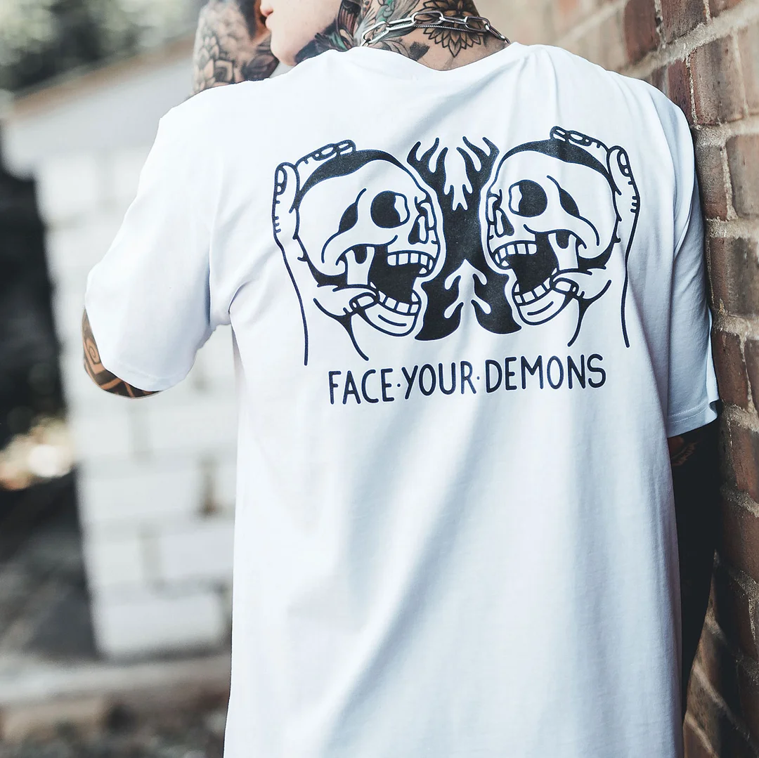 FACE YOUR DEMONS Skulls Graphic Casual White Print T-shirt