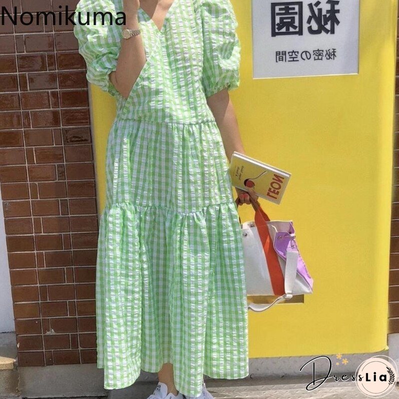 Christmas Gift Nomikuma Korean Fashion Plaid Dress Women V Neck Short Sleeve A Line maxi Dresses Robe Casual Sweet New Chic Vestidos Mujer