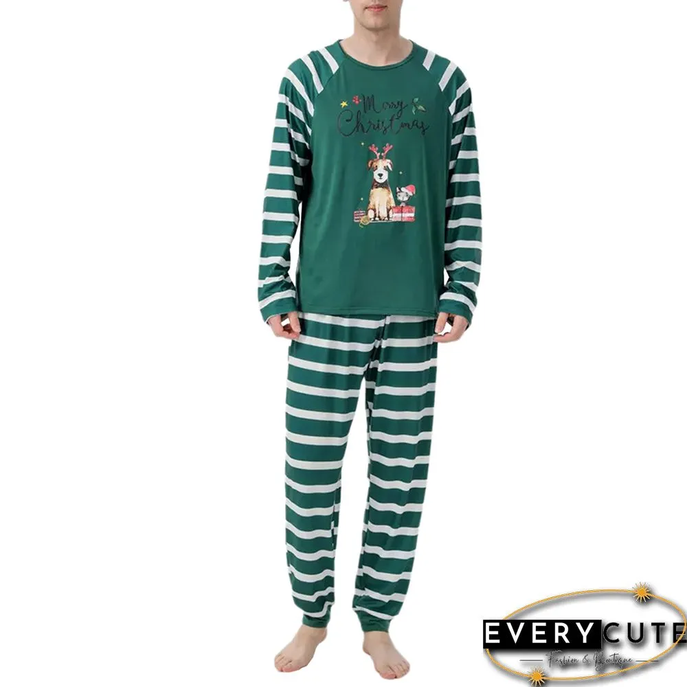 Green Striped Graphic Print Cotton Blend Lounge Set