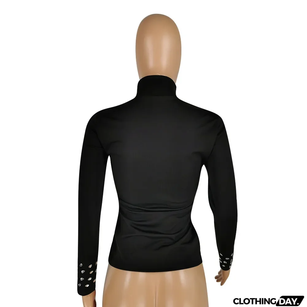 Autumn Black Rhinestones Fitted Basic Shirt