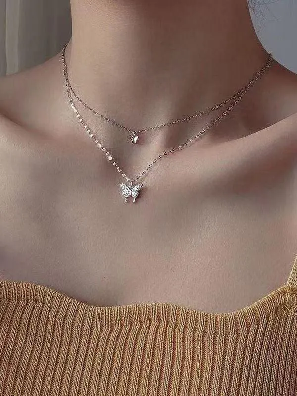 Brownm Rhinestone Butterfly Pendant Double Layered Necklace